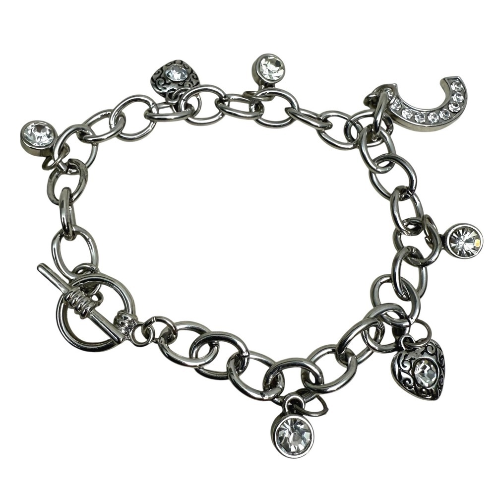 Silver Tone Rhinestone Heart Charm Bracelet Toggle Clasp Jewelry Sz 7.25